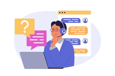 Web için modern düz tasarım konseptiyle bağlantı kurun. İnternet üzerinden müşterilerin sorularını cevaplayan, sorunları çözen, çözümler bulan, arama tavsiyesinde bulunan kulaklıklı bir operatör. Vektör illüstrasyonu.