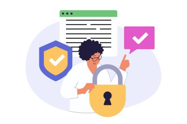 İnternet için modern daire tasarımında siber güvenlik kavramı. Kadın, kişisel bilgi güvenliği için koruma sistemi, şifre doğrulama ve kimlik doğrulama kullanıyor. Vektör illüstrasyonu.