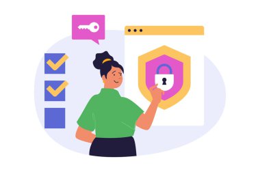İnternet için modern daire tasarımında siber güvenlik kavramı. Online hesabını ve özel bilgilerini korumak için güvenlik şifresi erişimi olan birçok adım kimlik doğrulaması kullanan bir kadın. Vektör illüstrasyonu.