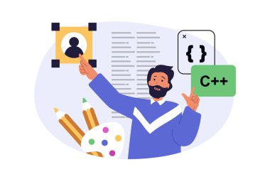 Web için modern düz tasarım tasarım geliştirme kavramı. İnsanoğlu ana sayfa şablonu, kodlama ve programlama, metin ve içerik yerleştirme, beyin fırtınası ve gelişme bulma yaratıyor. Vektör illüstrasyonu.