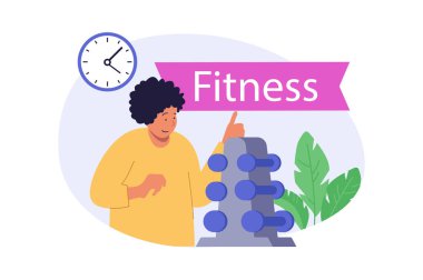 İnternet için modern daire tasarımı konsepti. Spor aktiviteleri planlayan ve spor salonunda dambıllarla egzersiz yapan bir kadın. Spor vücut şekilleri için antrenman yapan bir kadın. Vektör illüstrasyonu.