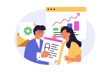 İnternet için modern düz tasarım pazarlama ve geliştirme konsepti. Erkek ve kadın iş verilerini analiz ediyor, promosyon ve reklam stratejileri yaratıyor, proje ekibinde çalışıyor. Vektör illüstrasyonu.
