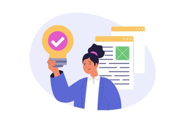 İnternet için modern düz tasarım pazarlama ve geliştirme konsepti. İş için ilham veren, reklam stratejisi yaratan, proje planlayan ve markalaştıran bir kadın. Vektör illüstrasyonu.