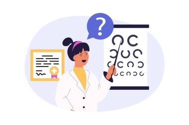 Web için modern düz dizayn tıbbi konsept. Kadın göz doktoru olarak çalışıyor, göz sağlığı ve görme bozukluklarını testlerle inceliyor, tanı koyuyor, tedavi ve optometri yazıyor. Vektör illüstrasyonu.