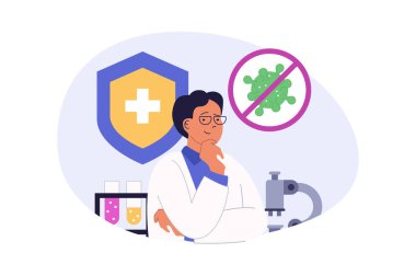Web için modern düz dizayn tıbbi konsept. Adam laboratuarda çalışıyor, test tüpleri ve mikroskop ile virüs araştırması yapıyor, eczane ve klinik analizleri için ilaçlar yaratıyor. Vektör illüstrasyonu.