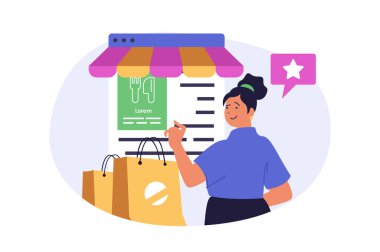 Mobil ticaret kavramı web için modern düz tasarım. Alışveriş torbaları olan bir kadın internet mağazasından sipariş veriyor, ödemeli akıllı telefon uygulaması kullanarak yemek satın alıyor. Vektör illüstrasyonu.