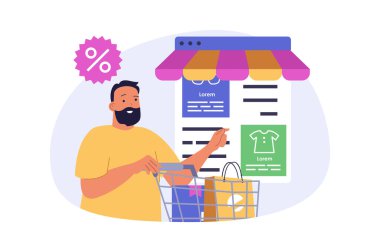 Mobil ticaret kavramı web için modern düz tasarım. İnternetten indirimli fiyatlarla sipariş veren, ödemeli akıllı telefon uygulaması kullanarak kıyafet alan bir adam. Vektör illüstrasyonu.