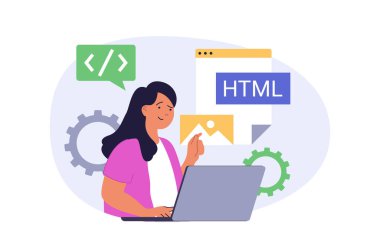 Web için modern düz tasarım programlama kavramı. Dizüstü bilgisayarda html bilgisayar dilleri ile çalışan bir kadın, yazılım ürünleri, testler, düzeltmeler ve proje kodları yaratıyor. Vektör illüstrasyonu.