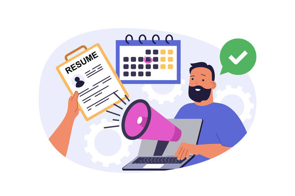 Recruitment concept in modern flat design for web. Man with loudspeaker searching best candidate resumes, looking cv and approving applicants for job interview in company team. Vector illustration.