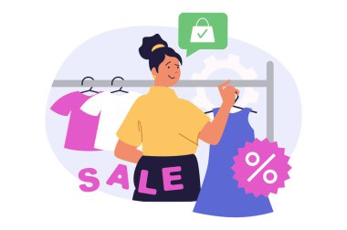 İnternet için modern daire tasarımında alışveriş konsepti. Kadın butik galerisinden yeni kıyafetler seçiyor indirimli indirimli marka elbiseler alıyor, ödeme için kupon kullanıyor. Vektör illüstrasyonu.