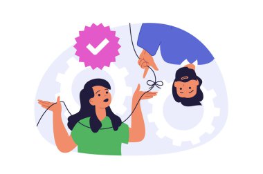 Web için modern düz tasarım takım çalışması konsepti. Kadın ve erkek projede birlikte çalışıyor, yeni fikirler üretiyor, hedeflere ulaşıyor, ortakları destekliyor ve işleri geliştiriyor. Vektör illüstrasyonu.