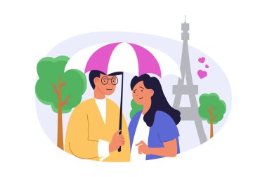 Web için modern düz tasarımda seyahat konsepti. Kadın ve erkek Paris 'e romantik bir yolculuğa çıkıyorlar, Fransız mimarisini geziyorlar, Europa' da balayı tatilinin tadını çıkarıyorlar. Vektör illüstrasyonu.