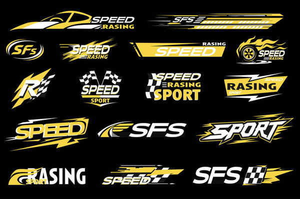 Sport car stickers mega set elements in flat graphic design. Collection objects of different types racing labels, automobile decoration templates with text and checker pattern. Vector illustration.