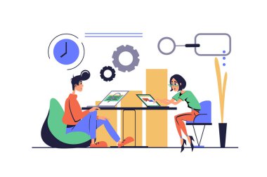 Web için modern düz çizgi film tasarımında kriterleme kavramı. Erkek ve kadın iş için stratejik analiz yapıyor, kriter performansı ve finansal istatistik tablosunu izliyor. Vektör illüstrasyonu.