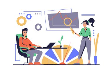 Web için modern düz çizgi film tasarımında veri analizi kavramı. Kadın ve erkek ekranda çizelgeleri analiz ediyor, istatistik raporlarını izliyor, beyin fırtınası yapıyor ve toplantıda araştırma yapıyor. Vektör illüstrasyonu.