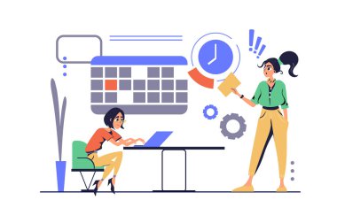 Modern düz çizgi film tasarımının son teslim tarihi. Ofiste dizüstü bilgisayarda evrak işleriyle uğraşan stresli bir kadın, sinirli bir yönetici telaşlanıyor ve acele et, iş yerine yetiştirme işi var. Vektör illüstrasyonu.