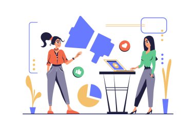 İnternet için modern düz çizgi film tasarımında pazarlama kavramı. Kadınlar takım halinde çalışır, tartışır ve beyin fırtınası yapar, iş için tanıtım stratejisi oluşturur, reklam kampanyası başlatır. Vektör illüstrasyonu.