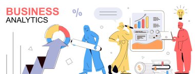 Web afişi için düz çizgi film tasarımı konsepti. Veri grafiklerini analiz eden insanlar, finansal diyagram raporlarını hesaplayan, denge ve planlama stratejilerini izleyen insanlar. Vektör illüstrasyonu.