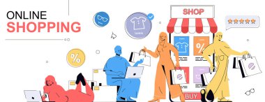 İnternet afişi için düz çizgi film tasarımında online alışveriş kavramı. Çantalı insanlar alışveriş yapıyor, taşınabilir uygulama ya da depolama sitesi kullanarak yeni ürünler sipariş ediyor, geribildirimler bırakıyorlar. Vektör illüstrasyonu.