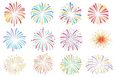 Düz grafik dizaynında kutlama kutlamaları mega set elementlerini selamlıyor. Renkli patlayan festival havai fişeklerinin koleksiyon nesneleri, şenlikli gökyüzü gösterisinde havai fişek fişekleri. Vektör illüstrasyonu.