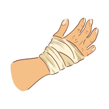 Düz dizaynlı, sargılı avuç içi. Sargılı bilek travması uygulanır. Vektör çizimi izole edildi.