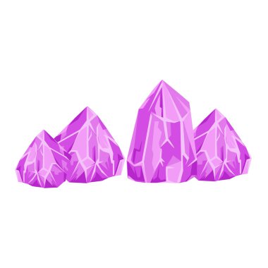 Düz dizaynlı parlak pembe kristaller. Parlak mücevherler, maden elmasları. Vektör çizimi izole edildi.