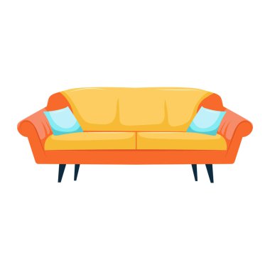 Düz dizaynlı yastıklı rahat kanepe. Turuncu ve sarı renkli kanepe. Vektör çizimi izole edildi.