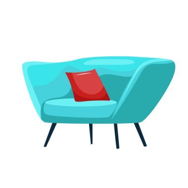 Düz dizaynlı açık mavi kanepe. Bacaklarının üzerinde yastıkla şık bir koltuk. Vektör çizimi izole edildi.