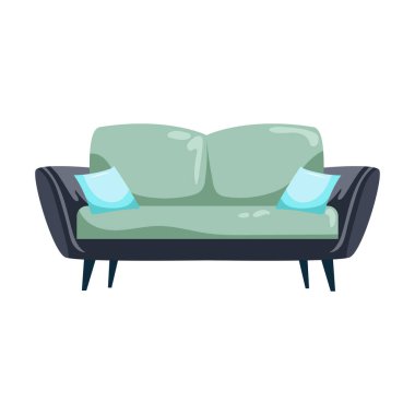 Düz dizaynlı yastıklı zarif kanepe. Oturma odasında deri kanepe. Vektör çizimi izole edildi.