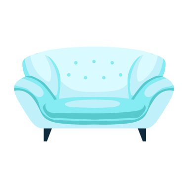 Düz dizaynlı açık mavi kanepe. Oturma odası için lüks deri koltuk. Vektör çizimi izole edildi.