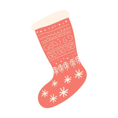 Düz dizaynlı Noel çorapları. Hediye olarak da kırmızı çorap. Vektör çizimi izole edildi.