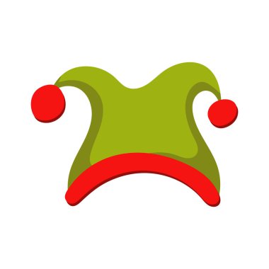Düz dizaynlı Noel Elf şapkası. Ponponlu kırmızı ve yeşil soytarı şapkası. Vektör çizimi izole edildi.