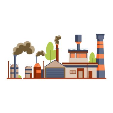 Düz dizaynlı kirlilik gazı olan bir fabrika. Çevresel kirli hava kirliliği. Vektör çizimi izole edildi.