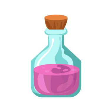 Şişedeki sihirli iksir düz dizayn edilmiş. Fantezi sihirbaz silahı, şişede iksir. Vektör çizimi izole edildi.