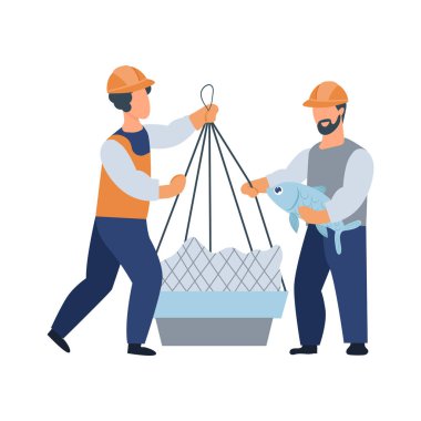 Düz dizayn edilmiş balık ağlı balıkçı. Ticari balıkçılık endüstrisi. Vektör çizimi izole edildi.