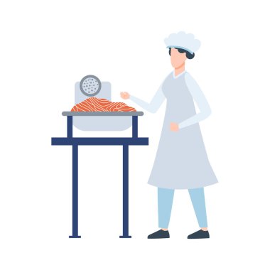 Düz dizaynlı balık endüstrisi. Santral fabrikada somon kıyması pişiriyor. Vektör çizimi izole edildi.