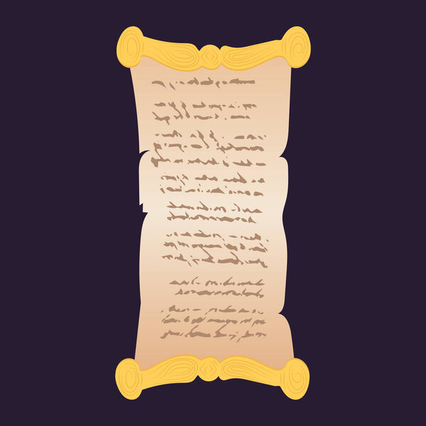 Old handwriting magic scroll in flat design. Open manuscript with spells. Vector illustration isolated.