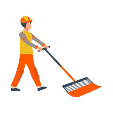 Üniformalı bir adam temizlik fırçası ya da süpürge kullanıyor. Sokak temizliği. Vektör çizimi izole edildi.