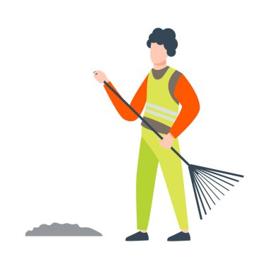 Üniformalı bir adam düz dizaynlı tırmıkla çöp topluyor. Sokak temizliği. Vektör çizimi izole edildi.