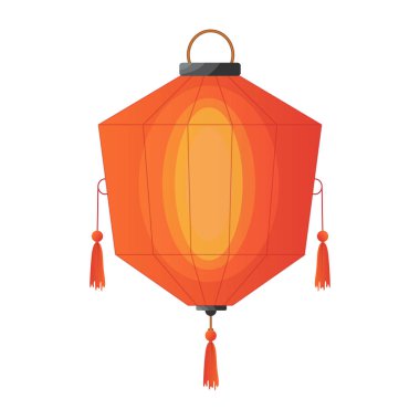 Düz dizaynlı Çin feneri. Şark kırmızısı, püsküllü kağıt lamba. Vektör çizimi izole edildi.