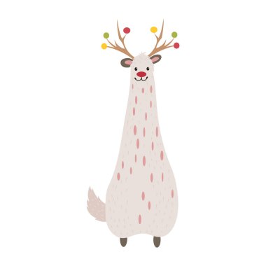 Düz dizaynlı dekoratif boynuzlu Alpaca Lama. Sevimli Noel karakteri. Vektör çizimi izole edildi.