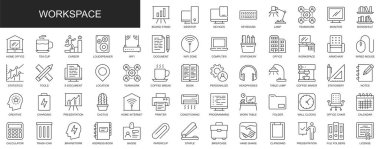 Çalışma alanı web simgeleri ince çizgi tasarımında ayarlandı. Ofis, işyeri, bilgisayar, takım çalışması, istatistik, araçlar, beyin fırtınası, sunum, belge, diğer ana hatlar. Görüntü.