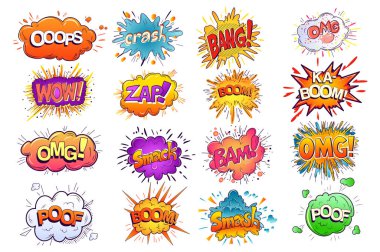 Çizgi roman baloncukları düz grafik tasarımda elementler oluşturur. Ops, bang, bang, wow, zap, boom, bam, puf, ezme ve diğer ifade mesajlarıyla diyalog çerçeveleri koleksiyonu. Vektör illüstrasyonu.