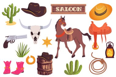 Düz grafik tasarımda vahşi batı unsurları. Salon tahtası, at, kovboy şapkası, eyer, fener, kement, kaktüs, inek kafatası, şerif yıldızı, tabanca, bot koleksiyonu. Vektör illüstrasyonu.