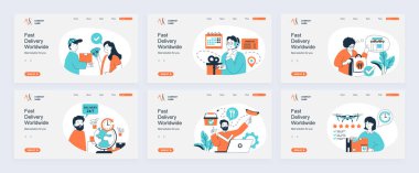 Düz dizaynlı slayt şablonlu iniş sayfası konsepti. Web sitesi başlıkları kuryeden paket alıyor, nakliye siparişi veriyor, gıda lojistik servisini kullanıyor. Vektör illüstrasyonları.