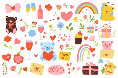 Sevgililer Günü düz grafik tasarımında elementler belirledi. Şirin fiyonk, şampanya, çiçekler, kalpler, gökkuşağı, çift, oyuncak ayılar, oklar, hediyeler, çörekler, aşk mektupları. Vektör illüstrasyonu.