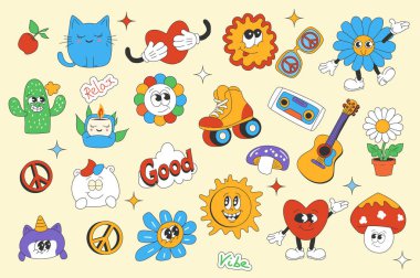 Düz grafik tasarımında klasik moda set elementleri. Komik kedi, kalp, güneş, güneş, güneş gözlükleri, papatya, kaktüs, paten, müzik kaseti, gitar, barış, tek boynuzlu at koleksiyonu. Vektör illüstrasyonu.