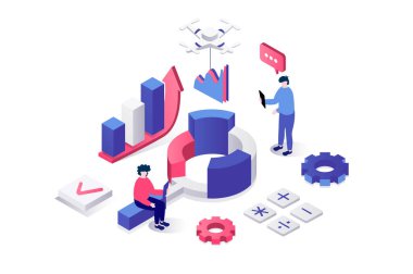 Web için geometri grafik tasarımında veri analizi 3d izometrik konsept. Finansal araştırma yapan, veri tablolarını kontrol eden, analiz eden, bilgi arayan, muhasebe yapan insanlar. Vektör illüstrasyonu.
