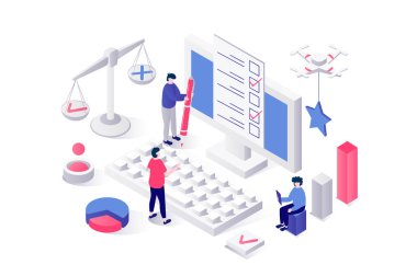 Web için geometri grafik tasarımında çevrimiçi anket 3d izometrik konsept. Dijital anket formunda cevap veren, onay kutusunu dolduran, sınav veya sınav sayfasını işaretleyen insanlar. Vektör illüstrasyonu.