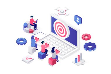 Web için geometri grafik tasarımında 3d izometrik konsepti hedef al. İnsanlar doğru hedef grubu analiz eder, pazar ve müşterileri araştırır, tanıtım stratejisi oluştururlar. Vektör illüstrasyonu.